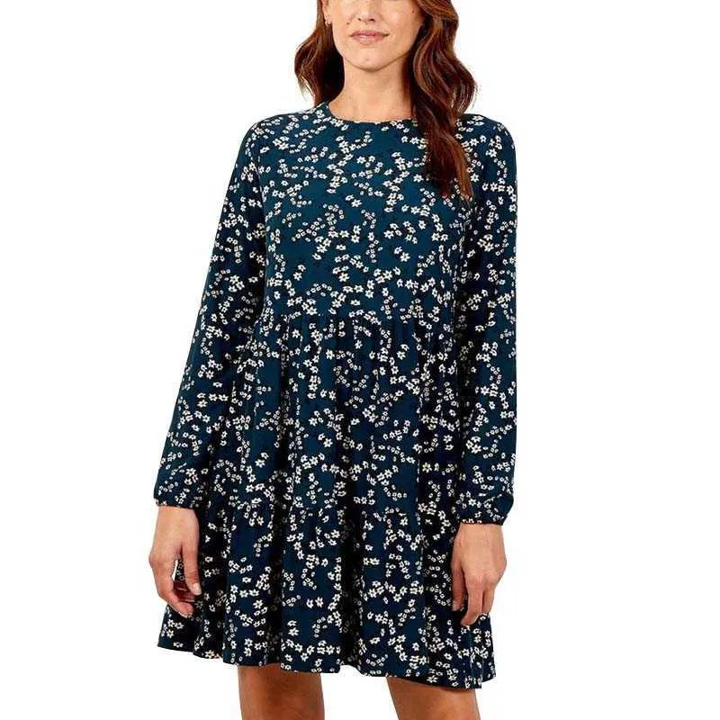 Estampado floral O Cuello Vestido de manga larga Mujer Pliegues Volantes Casual Ropa informal suelta Boho A Line Big Swing Beach Holiday Vestidos 210608