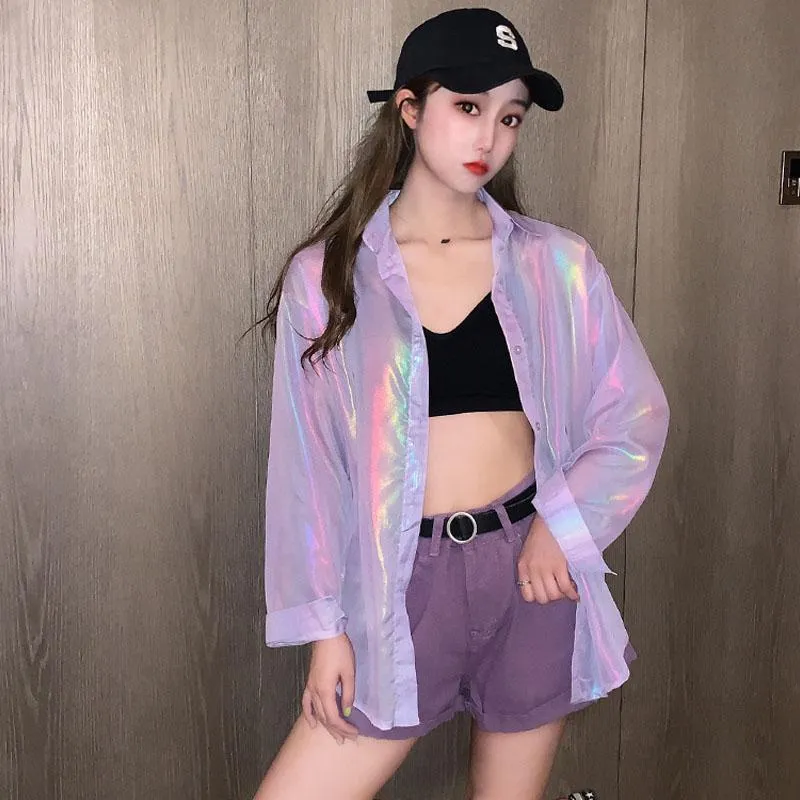 2024 New Model Womens Blouses Shirts Womens Blouses Shirts Women Summer Holographic Blouse Reflective Colorful Sunprotective Clothing Woman Fashion Oversi 5obu