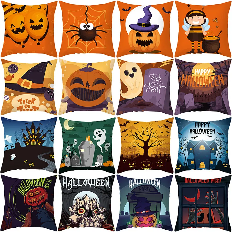 Festive Cartoon Halloween Pillowcase Cross-border New Product Pumpkin Castle Printed Peach Skin Cushion Cover For Home Office Decoration