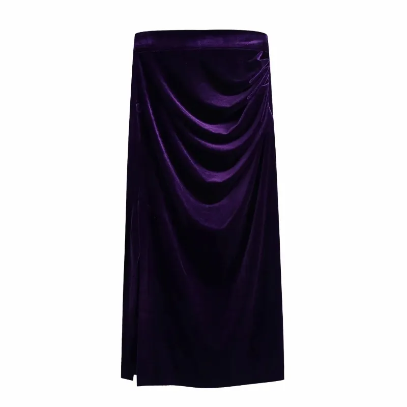 Kvinnor Pläterad Design Sida Slit Velvet Midi Skirt Casual Kvinna Loose Streetwear Ladies P1956 210430