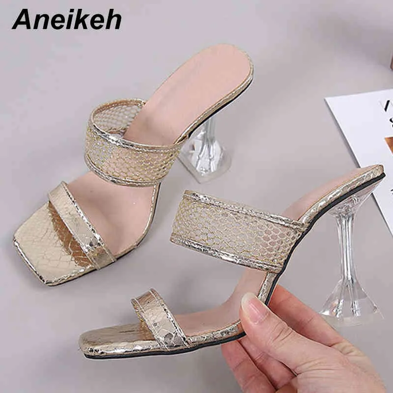 Sommar Kvinnor Skor Squared Toe Tofflor PU High Heels Slides Fritid Bling Outside Solid Casual Rosa Storlek 35-46 210507