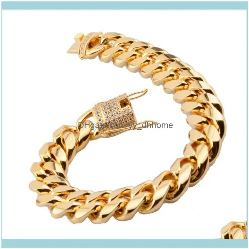 Link, Chain Fashion Crystal 14MM Mens Womens Stainless Steel Gold Biker Jewelry  Cut Cuban Curb Bracelet Wristband 7-11