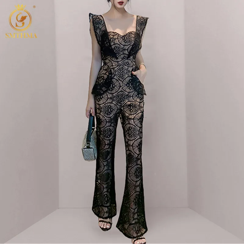 Panie Czarne Koronki Hollow Out Jumpsuits Kobiety Latające Rękaw Seksowny Spaghetti Pasek Kobieta Moda Casual Długi Romper 210520