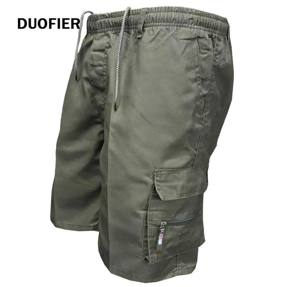 Män Shorts Multi Pocket Sommar Loose Zipper Cargo Shorts Casual Cotton Mens Kort Pant Drawstring Elastiska Midja Byxor 210603