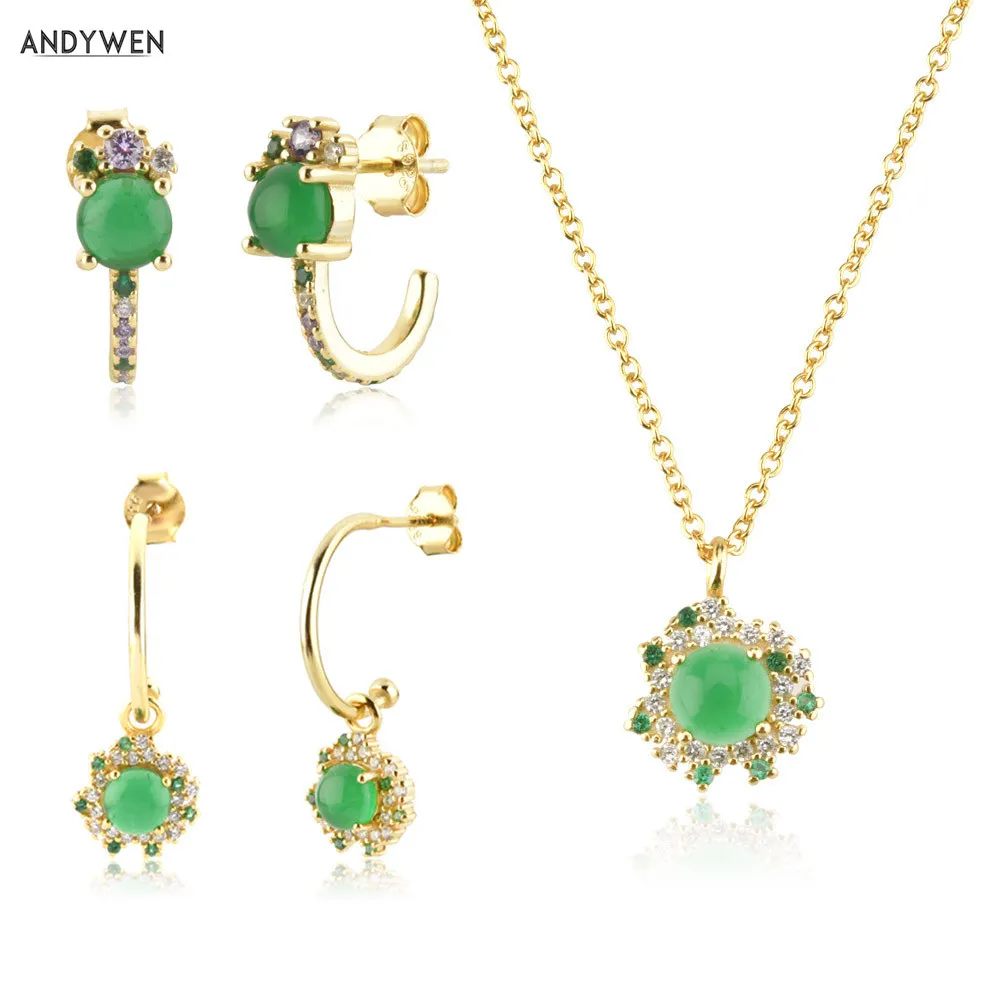 Andywen 925 Sterling Silver Gold Lofoten Island Green Rainbow Hoops Örhängen Piercing Drop Pendiente Luxury Necklace Smycken Set