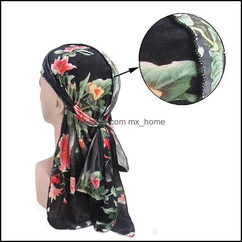 NEW Textile Velvet Print Floral Durag Long Tail Wide Straps du rag Bandanas doo rag Turban Headband Flower Hair Accessories