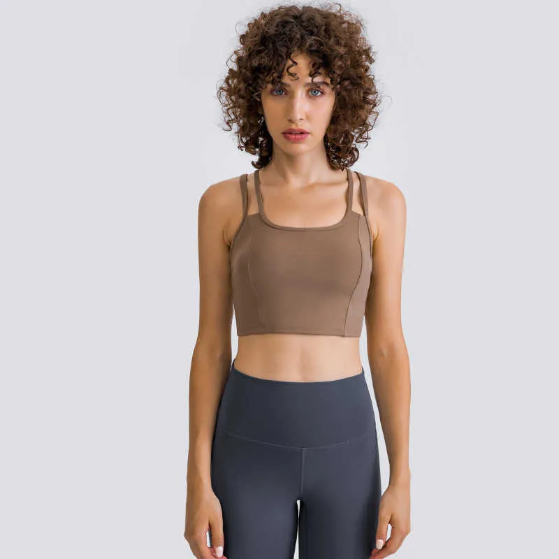 Gekruiste schouderriem sport beha naakt hoge elastische effen kleur sport tank tops uitgevoerd fitness ondergoed gym kleding vrouwen