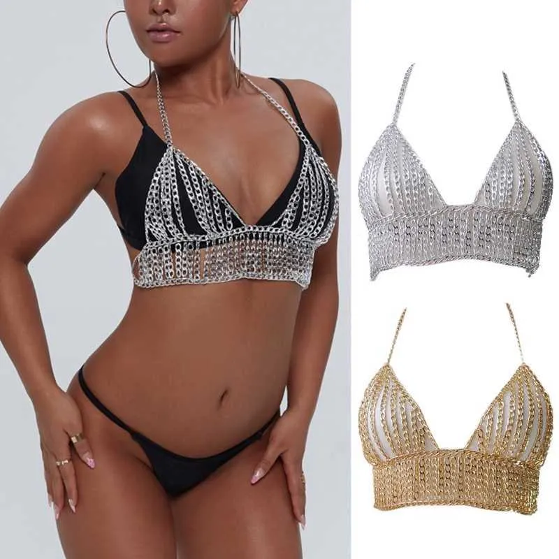 Boho Multilayer Metallkette Körperschmuck Bralette Frauen Brustgeschirr Halskette Strand Bikini Nachtclub Unterwäsche BH X0726