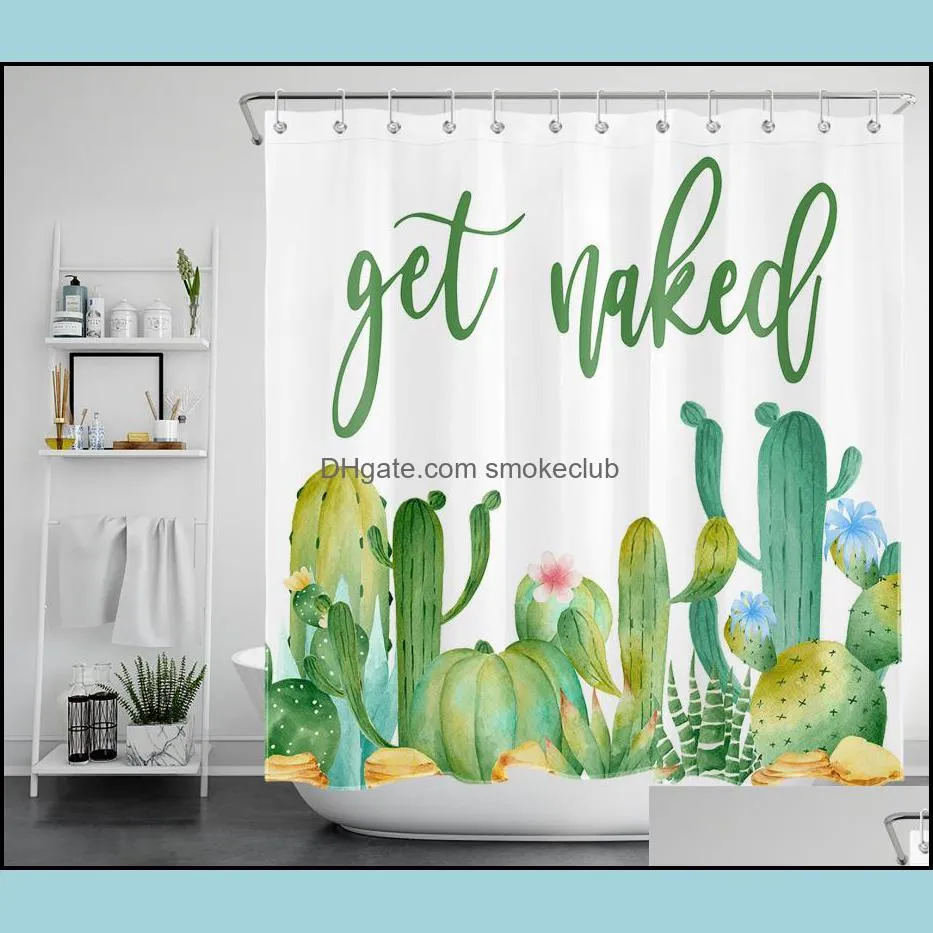 Rideaux de douche Accessoires de salle de bain Bain Maison Jardin Get Naked Cactus Rideau Citations drôles Tropical Suent Plante verte Aquarelle Cactus Flow