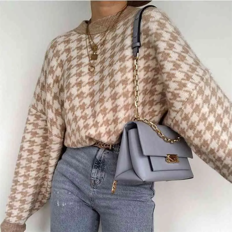 Vintage Houndstooth Sweter Sweter Pulowers Kobiety Casual Khaki Winter Tops Workered Pull Femme 210427