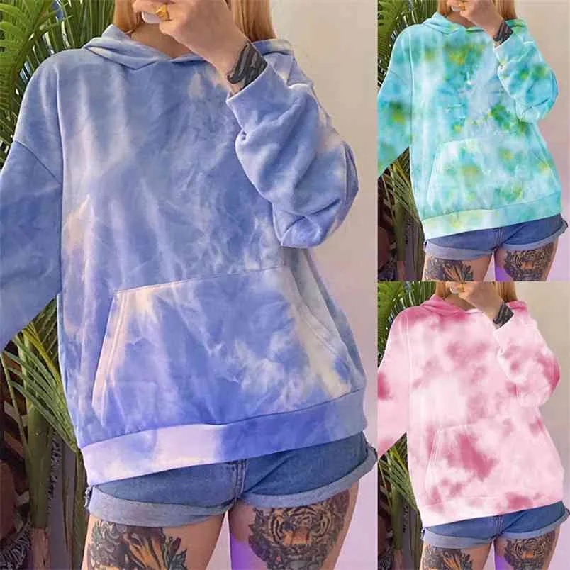 Prodotti autunnali e invernali da donna Moda Tie-dye Felpa con cappuccio allentata a maniche lunghe Felpe con cappuccio femminili Pullover casual 210517