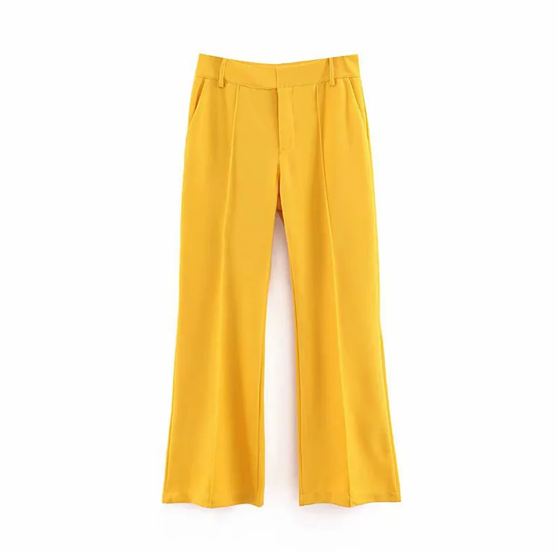 Femmes Sergé Large Jambe Pantalon Zipper Design Style Européen Femme Vintage Casual Pantalon Jaune Taille Haute Pantalones 210430