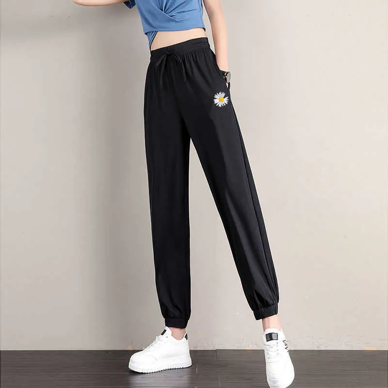 Women Soft Comfort Ice Silk Black Pants Harajuku Summer Fashion High Waist Sweatpants Loose Casual Women's Black Sports Trousers Q0801