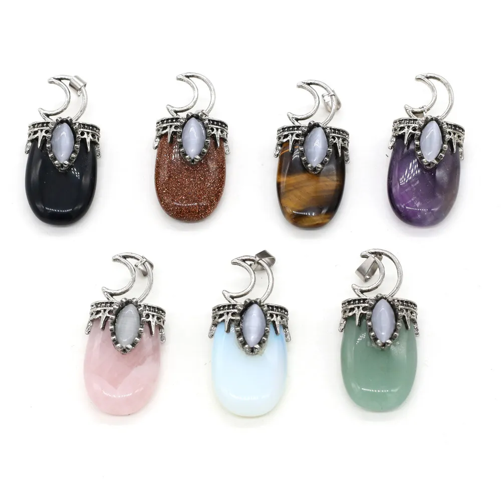 Natural Stone 7 chakra Charms Retro Moon shape Pendant Rose Quartz Healing Reiki Crystal Finding for DIY Necklaces Jewelry 22x45mm