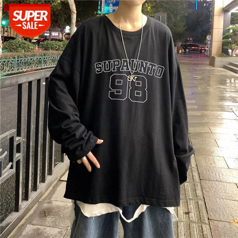 Hong Kong style round neck printing personality long-sleeved T-shirt for boys Korean version of the trend lovers hedging bottoming com #NQ7y
