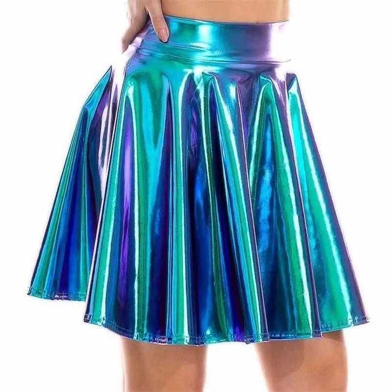 Zomer Sexy Laser Hoge Taille Mini PU lederen rok club party dans glanzende holografische rokken harajuku jk metallic geplooide rokken 210323