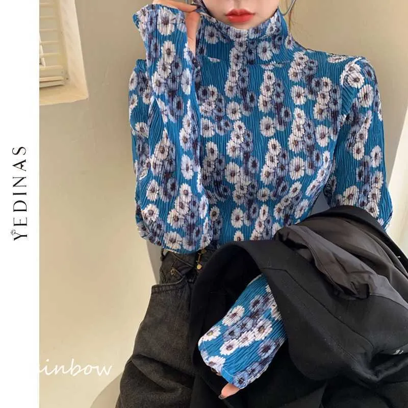 Yedinas Japanese Style Long Sleeves T Shirt Women Aesthetic Y2k T-shirts Female Sexy Slim Turtleneck Tshirt Harajuku 90s Tops 210527