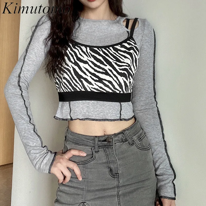 Kimutomo Frauen T-shirts Frühling Herbst Mode Weibliche Oansatz Gefälschte Zwei Stück Zebra Muster Patchwork Off Schulter Kurze Tops 210521