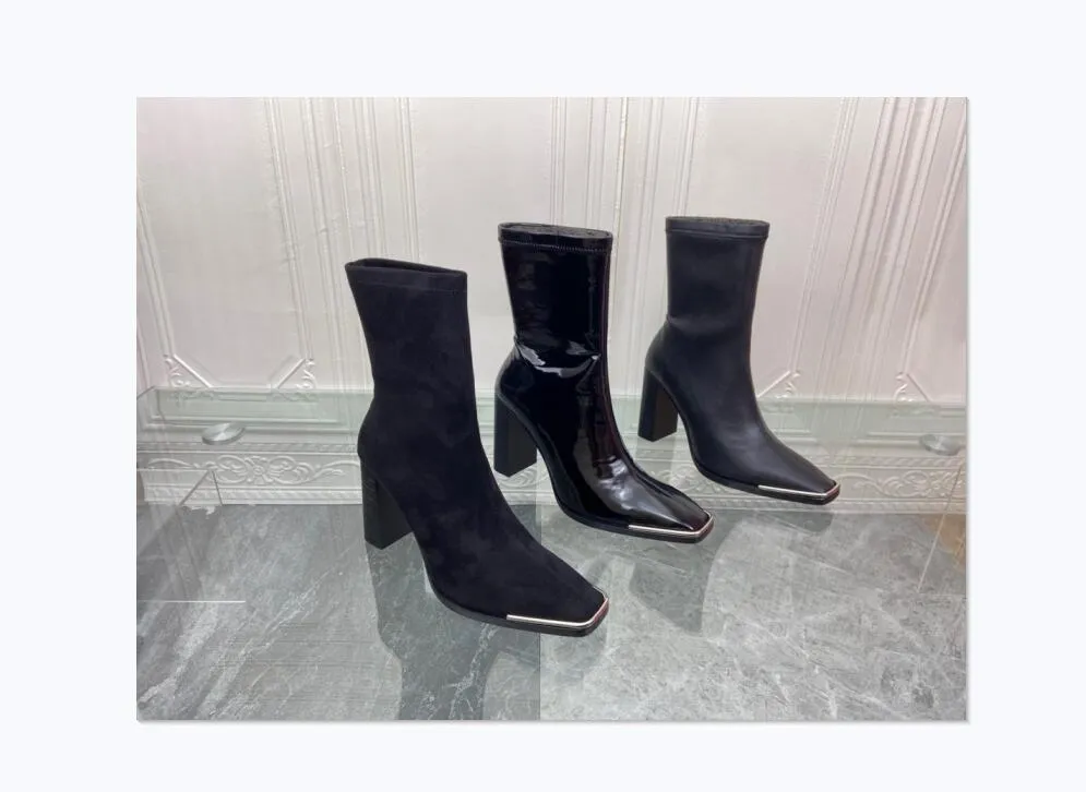 Short Boots Women Square Toe Patent Leather Thick Heel High Heels ...