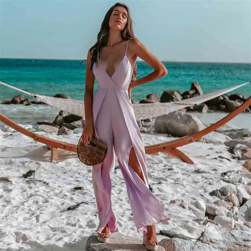 Sexy Backless Wide Leg Jumpsuits Overalls for Women Long Pants Spaghetti Strap Purple Slit Playsuits V Neck 210427