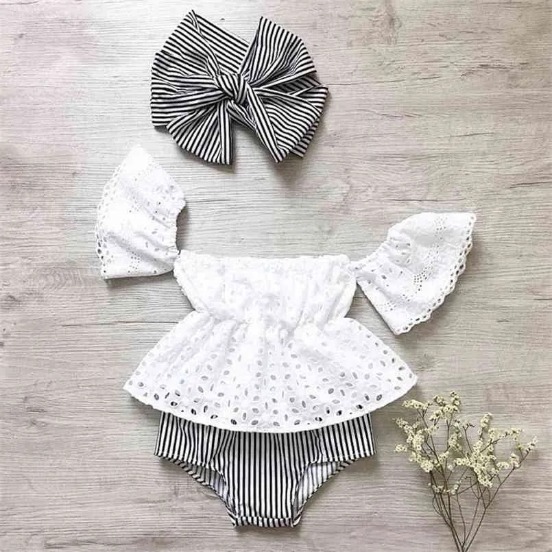 Baby Girl's Hollow Out Top Striped Shorts and Headband Set 210528