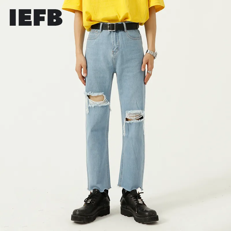 IEFB Men's Clothing Summer Hole Blue Jeans Korean Trend Design Causal Straight Denim Trousers Streetwear Vintage 9Y7625 210524