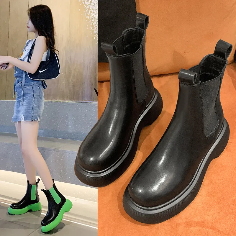 2022 Женская платформа Chelsea Boots Водонепроницаемые сапоги Женские Кожаные Упругие Сапоги Сапоги Дизайнерские Обувь Zapatos Botines Mujeres