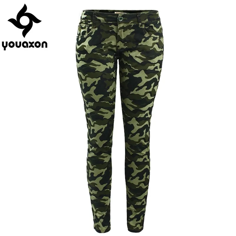 Youaxon Femme S-XXXXXL Plus Taille Chic Camo Army Green Skinny Jeans pour femmes Femme Camouflage Pantalon crayon court 210322