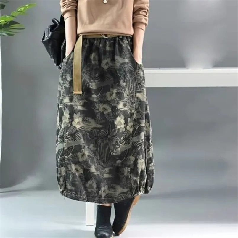 春/秋の芸術スタイルの女性の緩いカジュアルVintgaプリントA-Line Skirt全ての弾性ウエストコットンデニムスカートW30 210512
