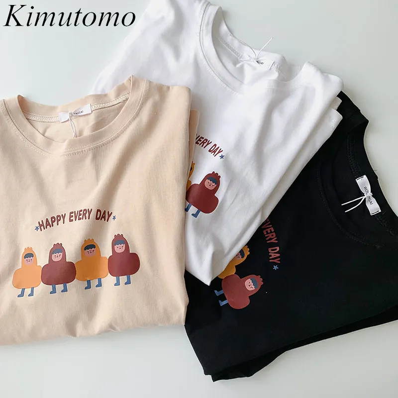 Kimutomo cartoon carta impresso t-shirt primavera verão feminino feminino coreano moda solta selvagem o pescoço manga curta top 210521