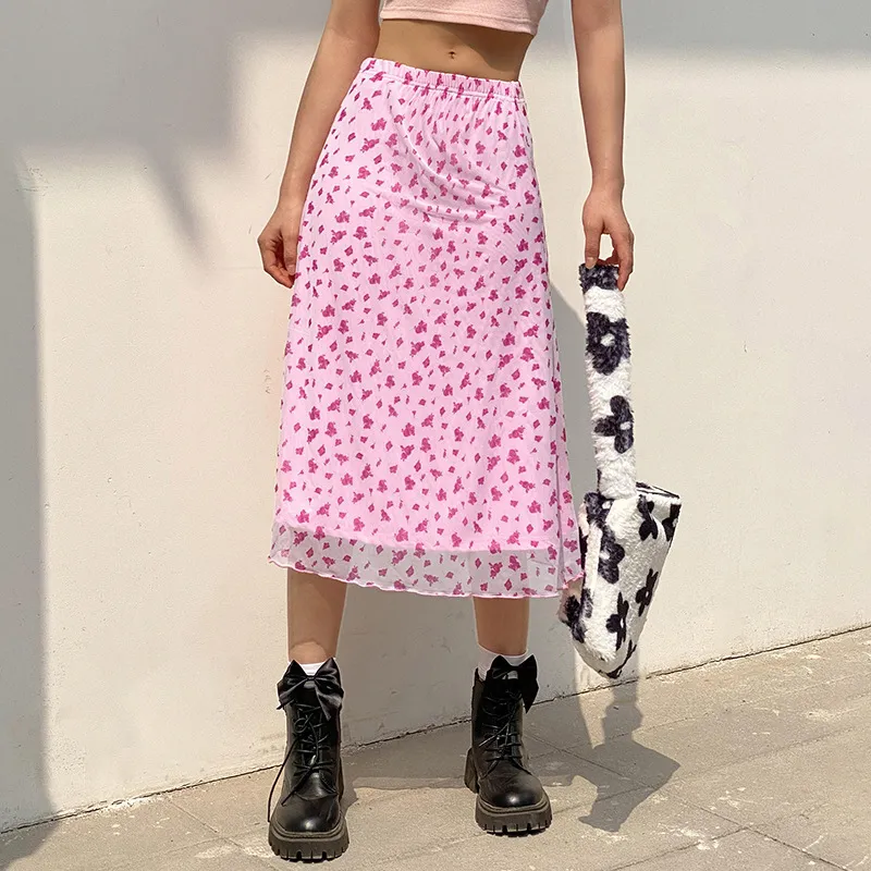Cute Różowy Kwiatowy Midi Y2K Spódnice Kobiet 2021 90. Estetyczne Serce Drukuj Kawaii Długa Spódnica Dwuwarstwowa Mesh Spódnice Dla Teen Girls X0428