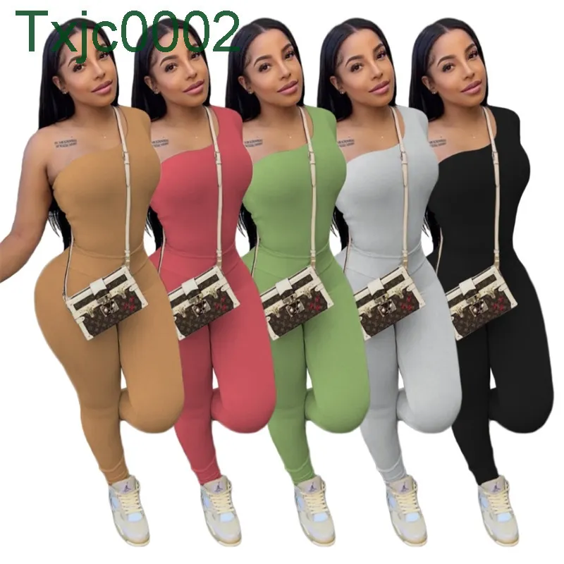 Kobiety Dwa kawałki Pant Set 2022 Designer One Ramię Długi rękaw Spodnie Slim Fit Solid Colors Nowe Garnitury Mody 5 Kolory