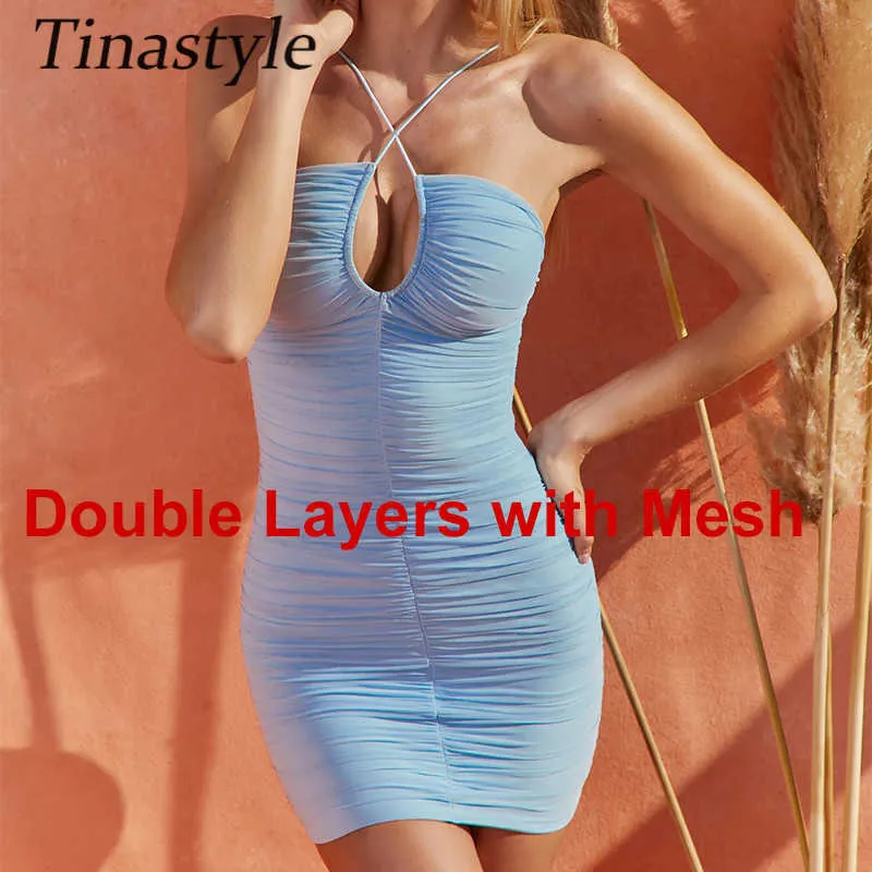 Tinastyle dubbla lager mesh bodycon sommar klänning kvinnor av axel sexig bodycon mini klänning kort rygglös strand klänning vestidos y0603