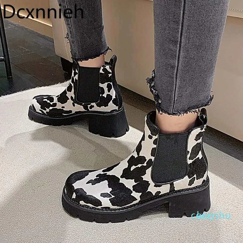 Boots Autumn Winter Woman Trend Mixed Color Cow Horsehair Short Thick Heel Casual All-match Fashion 2021
