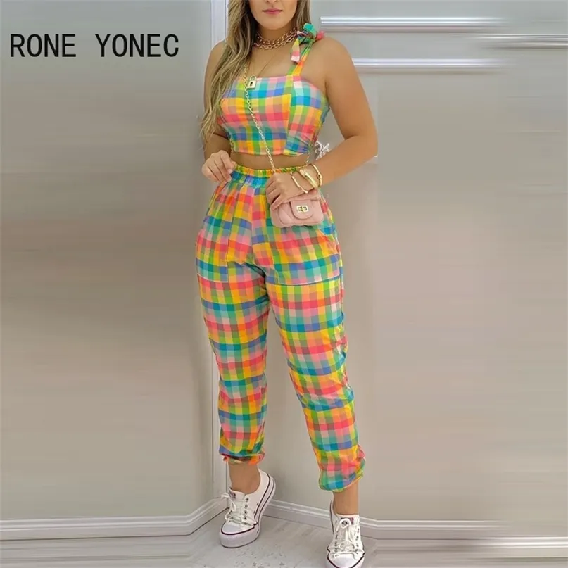 Tuta sportiva da donna in due pezzi a quadri color block Crop Top Pocket Design Pantaloni tuta sportiva 211105