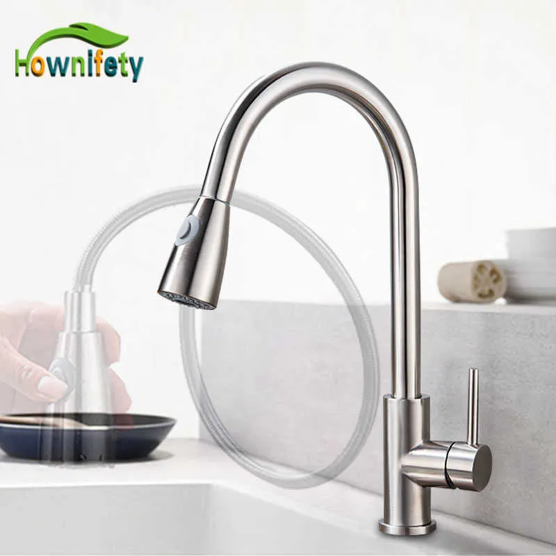 Chrome / Nikkel / Zwart / Goud Trek Keukenkraan 2-Mode Spuit 360 Rotatie Enkele Handvat Mixer Tap Sink Crane 210724