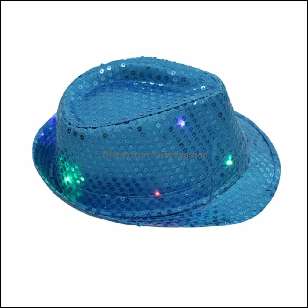 Mens Hot Flashing Light Up Led Fedora Trilby Sequin Fancy Dress Dance Party Hat for Stage Wear