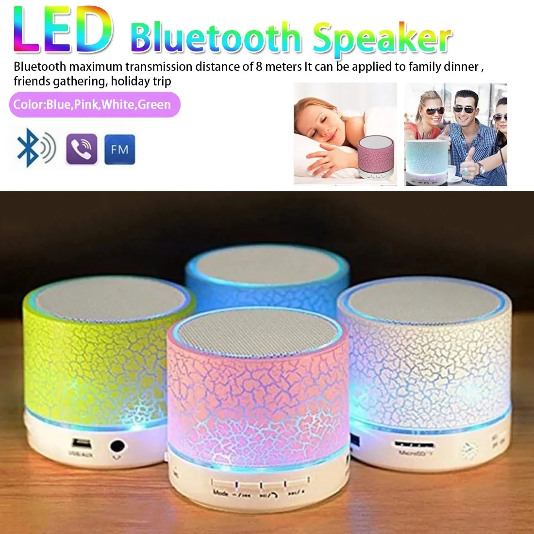 Original Portable Super Mini LED Bluetooth-högtalare Trådlös Små Musik Ljud TF USB FM Light Stereo Sound Speaker för telefon med MIC FIT CellPhone PC