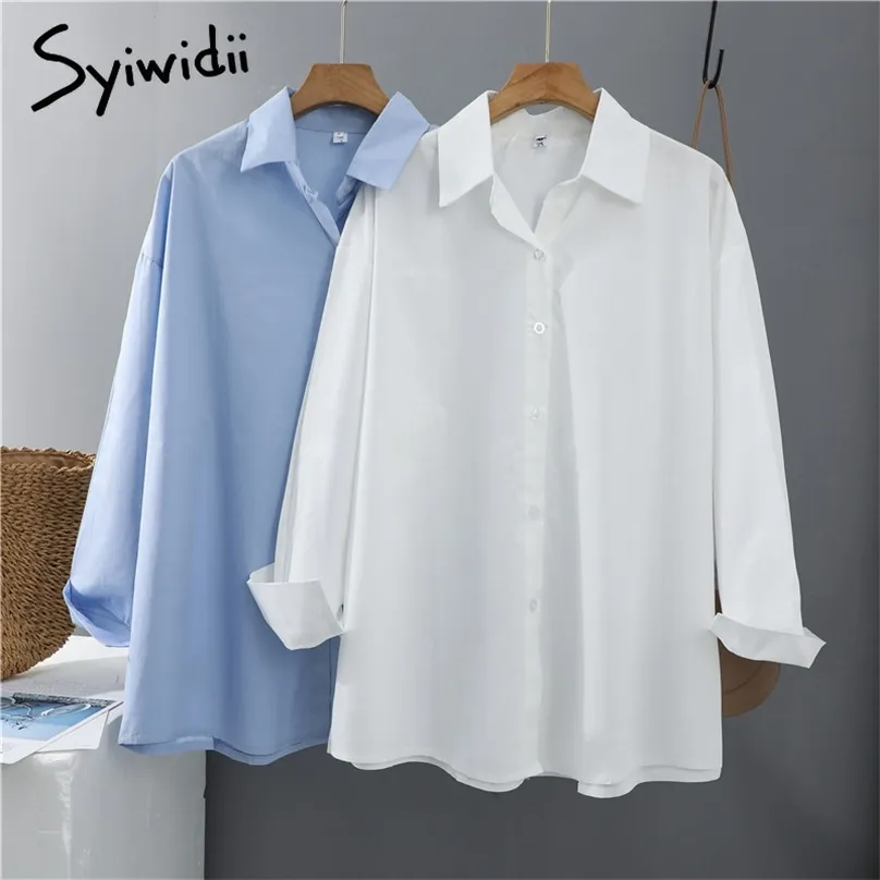 Syiwidii ​​Frauen Blusen Büro Lady Baumwolle Oversize Plus Size Tops Rosa Weiß Blau Langarm Frühling Koreanische Mode Hemden 210719