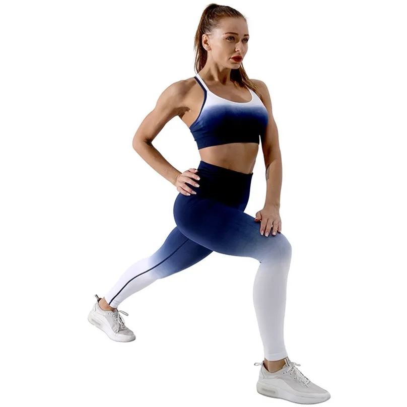 2 pezzi Gradient Yoga Set Tuta sportiva da donna Abbigliamento da palestra Abbigliamento da allenamento Palestra Crop Top Leggings a vita alta Fitness Abbigliamento sportivo LR1245 210531