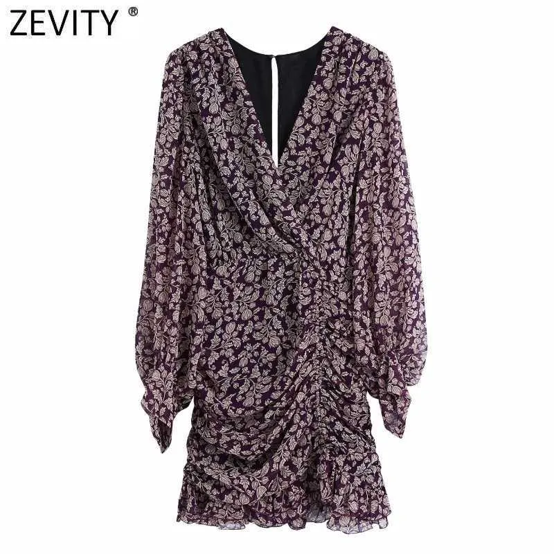 Zevity Spring女性クロスVネックフラワープリントプリーツミニドレス女性裾フリルスリムキモノvestidosシックな服DS4859 210603