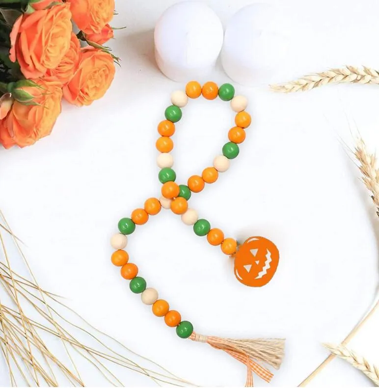 Halloween Pumpkin Wood Bead String Home Decor Wooden Beads Creative Hemp Rope Tassel Beaded Pendant Nordic Style Country Decoration WMQ1341