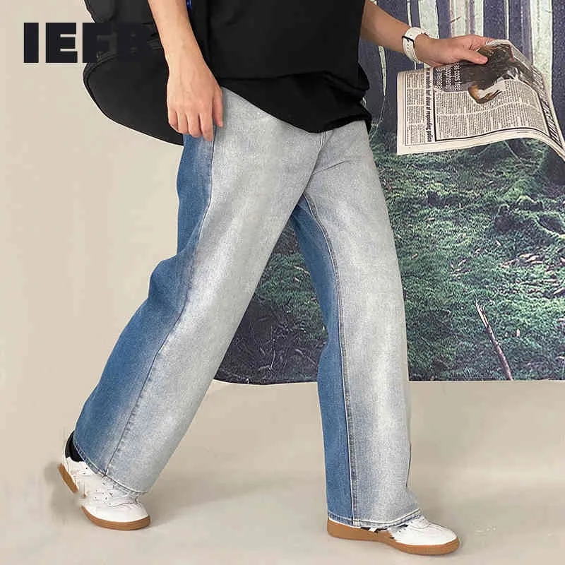 IEFB Sommer Kontrast Farbverlauf Design Jeans männer Lose Blau Breite Bein Denim Hosen Koreanische Streetwear Fashion Hosen 210524