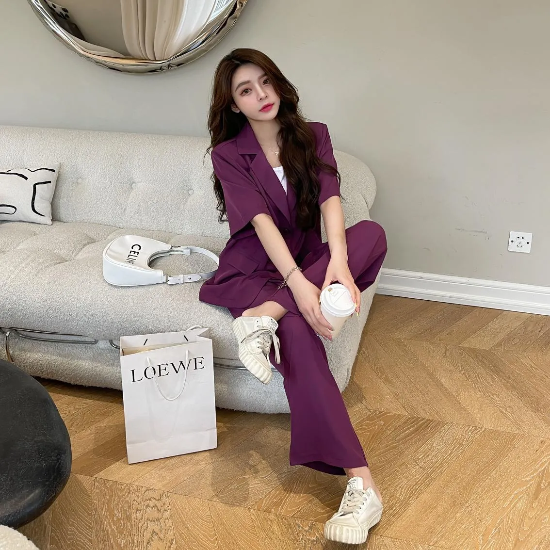 Traje de pantalón de oficina de mujer púrpura suelto de verano ropa coreana Casual de manga corta Blazer de cintura alta pantalones de pierna ancha conjunto de 2 piezas 210514