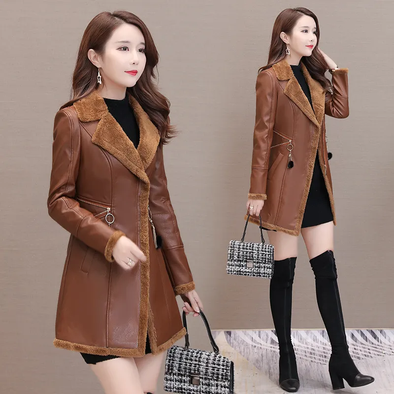 Womens leather jacket Autumn winter artificial leather women popular Ladies coats plus velvet warm PU leather coat