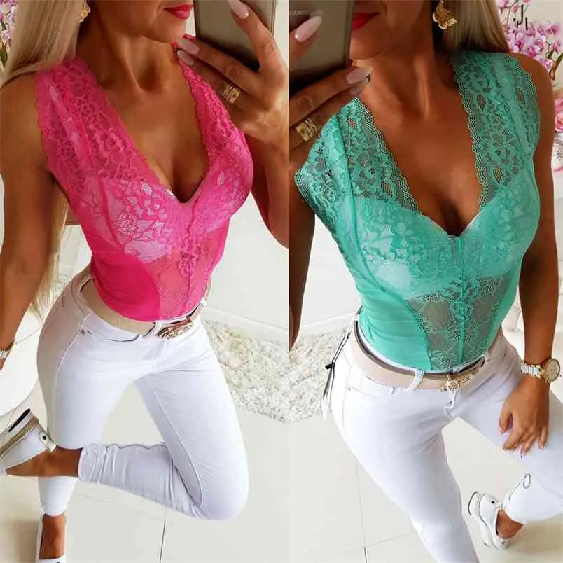 Summer Bodycon Body Damskie Koronki Bez Rękawów Koronki Solidne Neon Różowy Kolor Dorywczo Pajacyków Głębokie V Neck Body Kobiece Patrz przez TOP 210517