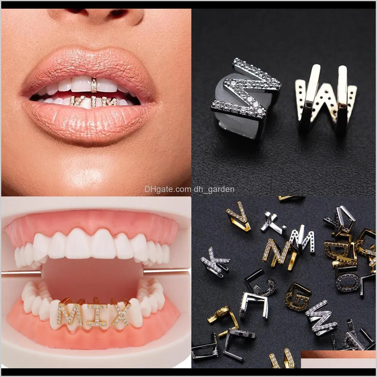 Grillz, Body Biżuteria Biała Złoto Lukrowe Out A-Z Custom List Grillz FL Diament DIY Fang Grille Dno Ząb Czapka Hip Hop Dental Usta Zęby D