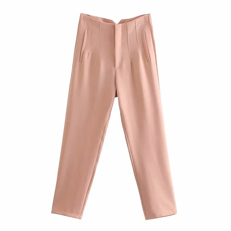 Women Solid High Waist Suit Pants Fashion Seams Detail Work Wear Elegant Office Pantalones Mujer Chic Ankle Trousers 210430