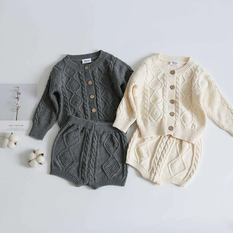 Vintage grobe Wolljungen Kleidung Set Herbst Winter Warme Langarm Strickjacke + Shorts Anzug Für Jungen Outfits Kleinkind Pullover Sets G1023