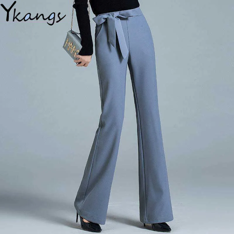 Autumn Ladies Office Wide leg Pants Plus Size 3XL High Waist Hip Bow Design Pants Solid Wild Korean Chic Flare Trouser 210619